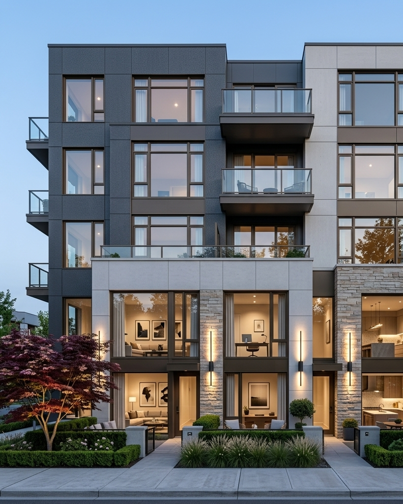 Contemporary multifamily community at dusk